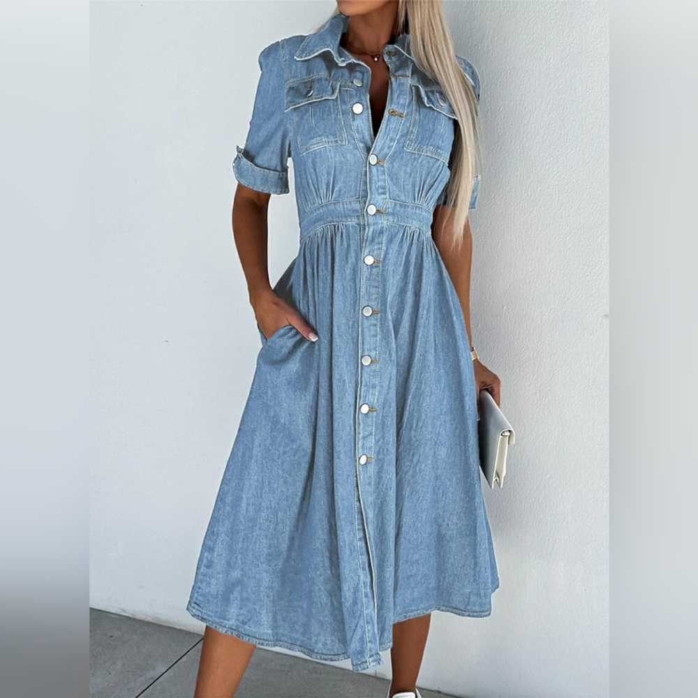 Blue Womens Flap Pocket Button Front Denim Midi Dress